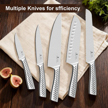 Steak Knives, Serrated Steak knives Set of 6, Japanese HC Steel Knife Set, Premium Serrated Carbon Stainless Steel Steak Knife with Gift Box,9 Inches/Piece, Silver