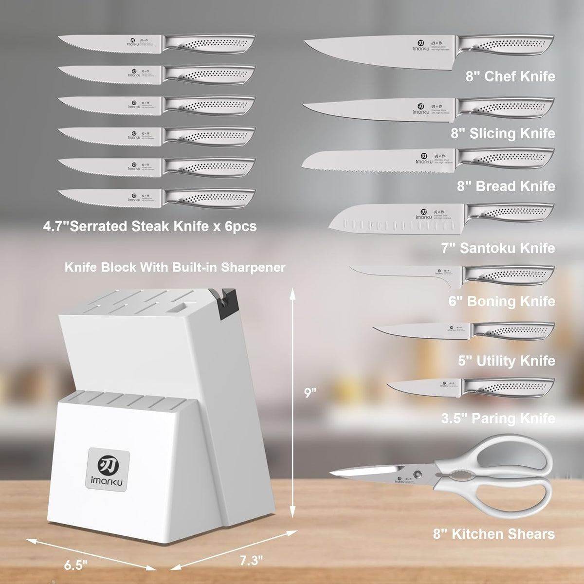 Steak Knives, Serrated Steak knives Set of 6, Japanese HC Steel Knife Set, Premium Serrated Carbon Stainless Steel Steak Knife with Gift Box,9 Inches/Piece, Silver