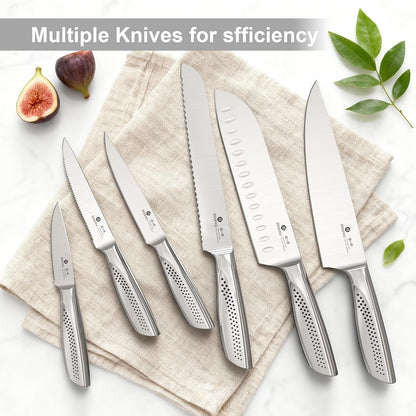 Steak Knives, Serrated Steak knives Set of 6, Japanese HC Steel Knife Set, Premium Serrated Carbon Stainless Steel Steak Knife with Gift Box,9 Inches/Piece, Silver