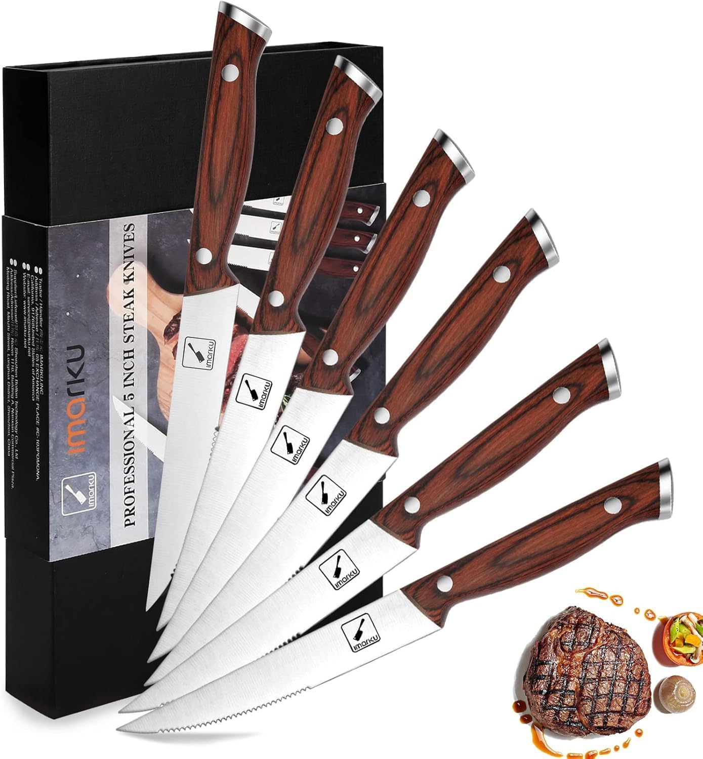 Steak Knives, Serrated Steak knives Set of 6, Japanese HC Steel Knife Set, Premium Serrated Carbon Stainless Steel Steak Knife with Gift Box,9 Inches/Piece, Silver