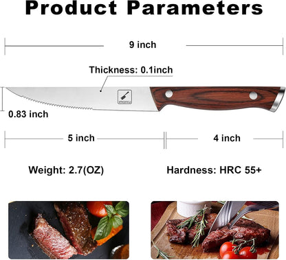 Steak Knives, Serrated Steak knives Set of 6, Japanese HC Steel Knife Set, Premium Serrated Carbon Stainless Steel Steak Knife with Gift Box,9 Inches/Piece, Silver