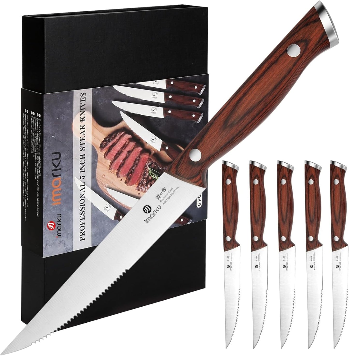 Steak Knives, Serrated Steak knives Set of 6, Japanese HC Steel Knife Set, Premium Serrated Carbon Stainless Steel Steak Knife with Gift Box,9 Inches/Piece, Silver