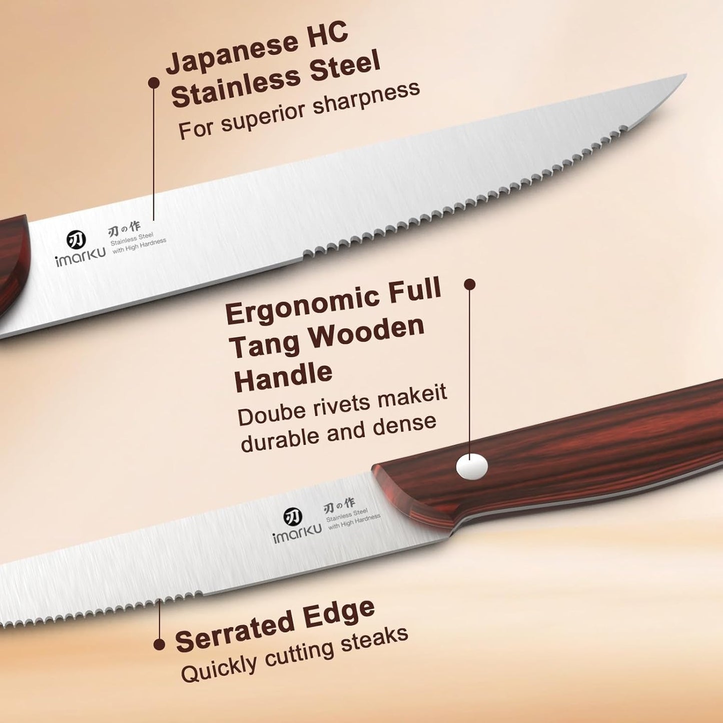 Steak Knives, Serrated Steak knives Set of 6, Japanese HC Steel Knife Set, Premium Serrated Carbon Stainless Steel Steak Knife with Gift Box,9 Inches/Piece, Silver