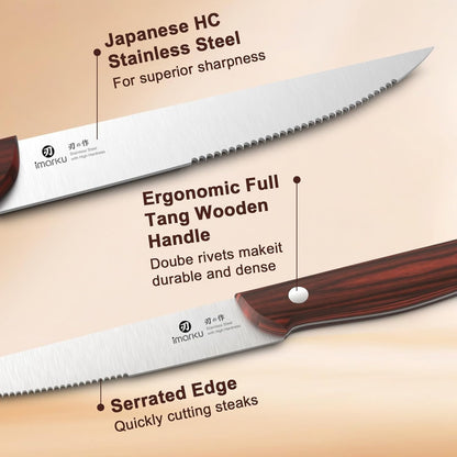 Steak Knives, Serrated Steak knives Set of 6, Japanese HC Steel Knife Set, Premium Serrated Carbon Stainless Steel Steak Knife with Gift Box,9 Inches/Piece, Silver