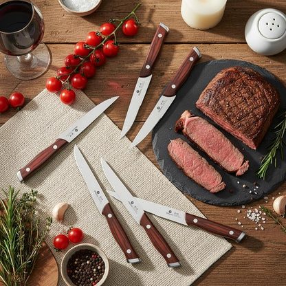 Steak Knives, Serrated Steak knives Set of 6, Japanese HC Steel Knife Set, Premium Serrated Carbon Stainless Steel Steak Knife with Gift Box,9 Inches/Piece, Silver