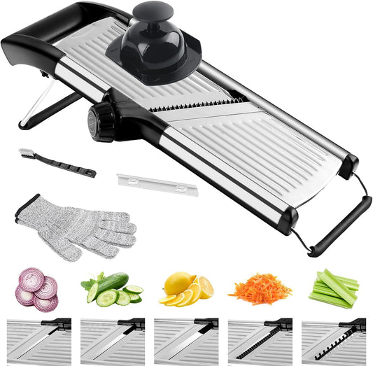 Mandoline Slicer for Kitchen, Adjustable Vegetable Slicer | Adjustable stainless steel blade slices potato, onion and tomato evenly; food holder and gloves help make kitchen prep safer.