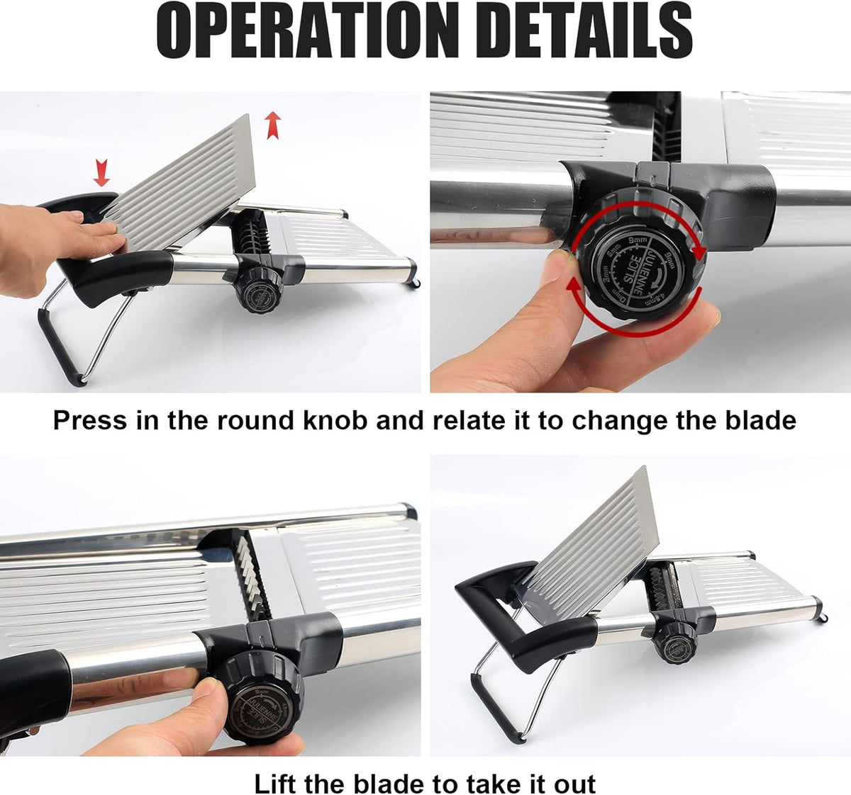 Mandoline Slicer for Kitchen, Adjustable Vegetable Slicer | Adjustable stainless steel blade slices potato, onion and tomato evenly; food holder and gloves help make kitchen prep safer.