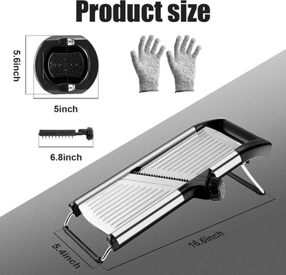 Mandoline Slicer for Kitchen, Adjustable Vegetable Slicer | Adjustable stainless steel blade slices potato, onion and tomato evenly; food holder and gloves help make kitchen prep safer.
