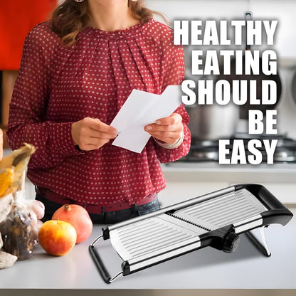Mandoline Slicer for Kitchen, Adjustable Vegetable Slicer | Adjustable stainless steel blade slices potato, onion and tomato evenly; food holder and gloves help make kitchen prep safer.