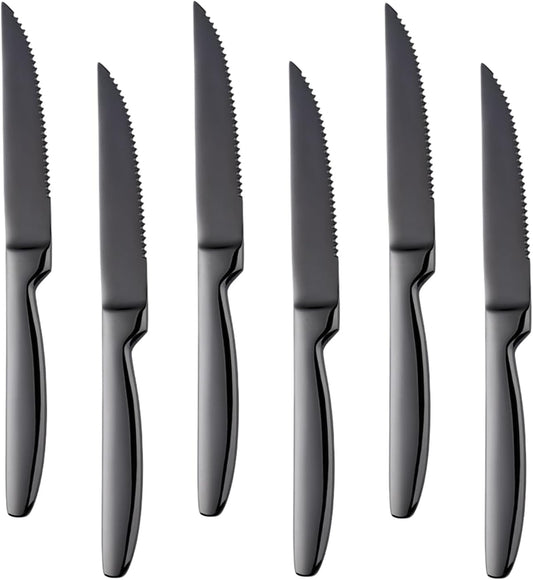Black Steak Knife Sets, 6-Pieces Stainless Steel Kitchen Steak Knives-Easy to Clean and Non-Stick, 8.6 Inch, Dishwasher Safe
