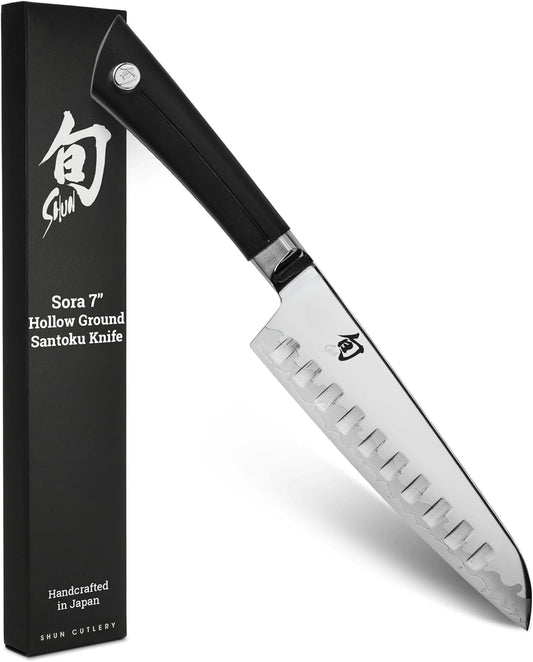 Sora 7" Hollow Ground Santoku Knife, Handcrafted Japanese All Purpose Knife, VG10 Steel Edge and 420J Stainless Steel Blade, Balanced Handle, Versatile Japanese Cutting Tool