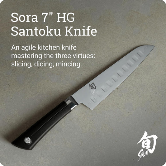 Sora 7" Hollow Ground Santoku Knife, Handcrafted Japanese All Purpose Knife, VG10 Steel Edge and 420J Stainless Steel Blade, Balanced Handle, Versatile Japanese Cutting Tool