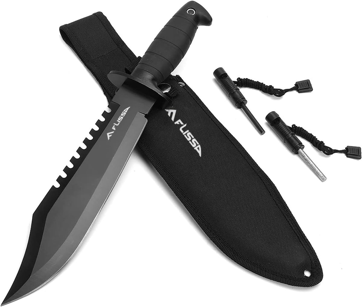 Survival Hunting Knife with Sheath, 15-inch Tactical Bowie Knife | Sharpener & Fire Starter Included, Full Tang Fixed Blade, for Camping, Outdoor, Bushcraft