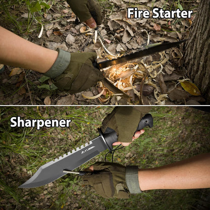 Survival Hunting Knife with Sheath, 15-inch Tactical Bowie Knife | Sharpener & Fire Starter Included, Full Tang Fixed Blade, for Camping, Outdoor, Bushcraft