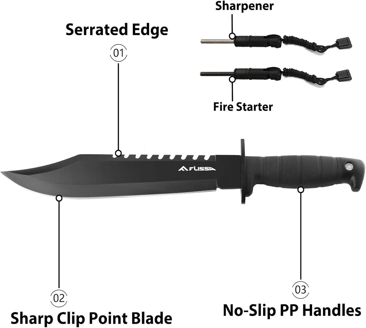 Survival Hunting Knife with Sheath, 15-inch Tactical Bowie Knife | Sharpener & Fire Starter Included, Full Tang Fixed Blade, for Camping, Outdoor, Bushcraft