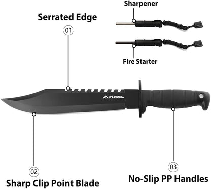 Survival Hunting Knife with Sheath, 15-inch Tactical Bowie Knife | Sharpener & Fire Starter Included, Full Tang Fixed Blade, for Camping, Outdoor, Bushcraft