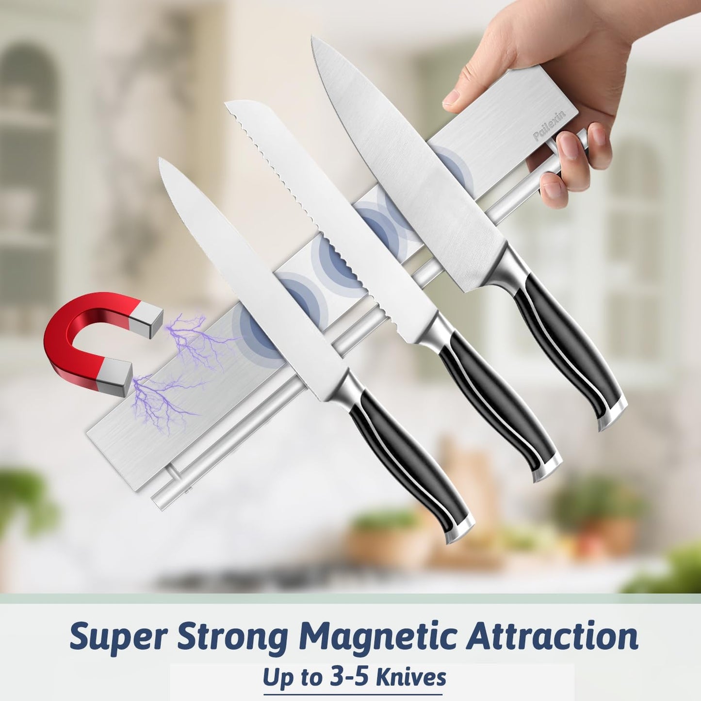 17 Inch Magnetic Knife Holder for Wall - Stainless Steel Knife Magnetic Strip No Drill with 10 Hooks/Adhesive Tape/Screws, Kitchen Utensil Holder, Magnetic Knife Organizer, Wall Mounted Knife Storage