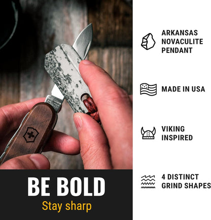 Viking Whetstone Pendant - One of A Kind Pocket Knife Sharpening Stone, Made In USA, Arkansas Novaculite on Leather Cord, Norse Inspired Knotwork, Everyday Carry Pocket Knife Sharpener Tool