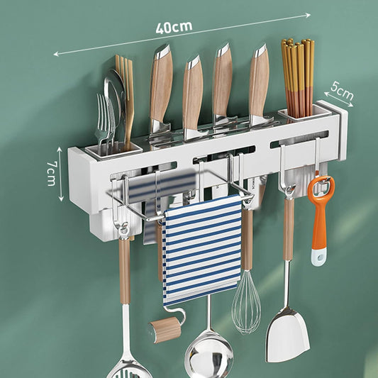 Kitchen Wall Mount Utensil Rack Utensil Wall Organizer for Spoons, Knives, Forks, Chopsticks, Cookware Cutlery Holder (Silver)
