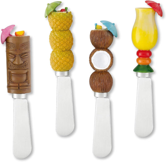 Tiki Bar Cheese Spreaders, Hand-Painted Resin Handles with Stainless Steel Blades for Spreading Cream Cheese, Butter, and Jam, Assorted Designs, Set of 4