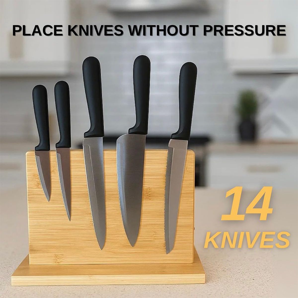 Cnkl, Magnetic Knife Holder for Countertop, Knife Block with Strong Double-Sided Magnet, Wooden Knife Stand for Kitchen, Large Capacity Storage for Kitchen, Multifunctional Storage, Acacia Wood, 12x9