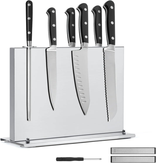 Magnetic Knife Holder, Stainless Steel Magnetic Knife Block with Sharpener, Double Sided Strong Magnet Knife Storage for Kitchen Counter, Anti-movement Suction Cup Base