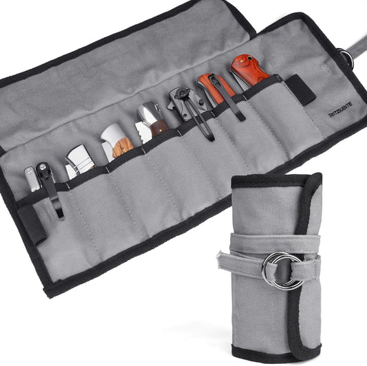 Pocket Knife Roll Bag – 7 Slot Folding Knife Organizer, Durable Canvas Storage for EDC Knives & Outdoor Tools, Compact & Portable for Travel, Home Use, Camping, Hiking