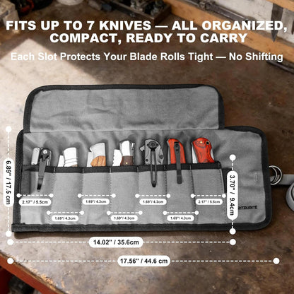 Pocket Knife Roll Bag – 7 Slot Folding Knife Organizer, Durable Canvas Storage for EDC Knives & Outdoor Tools, Compact & Portable for Travel, Home Use, Camping, Hiking