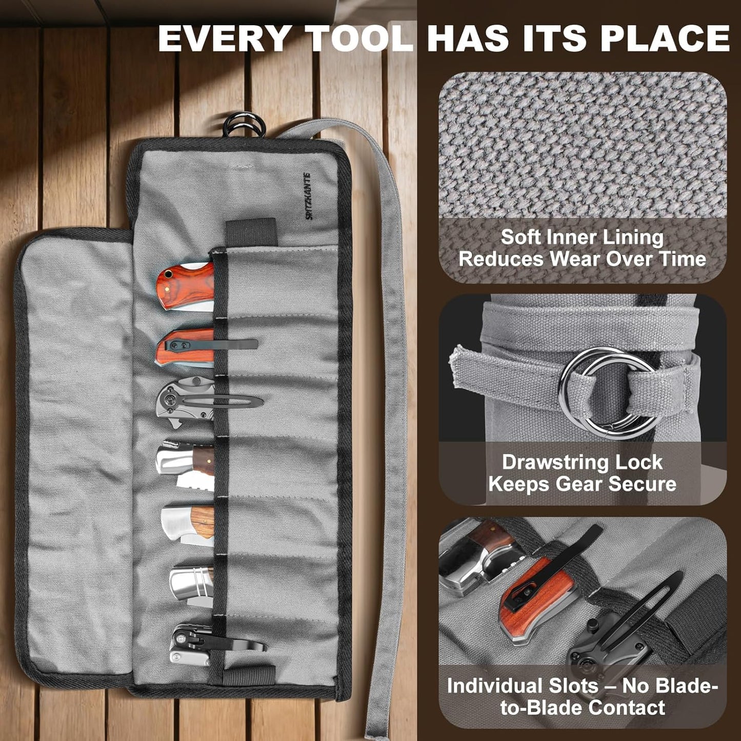 Pocket Knife Roll Bag – 7 Slot Folding Knife Organizer, Durable Canvas Storage for EDC Knives & Outdoor Tools, Compact & Portable for Travel, Home Use, Camping, Hiking