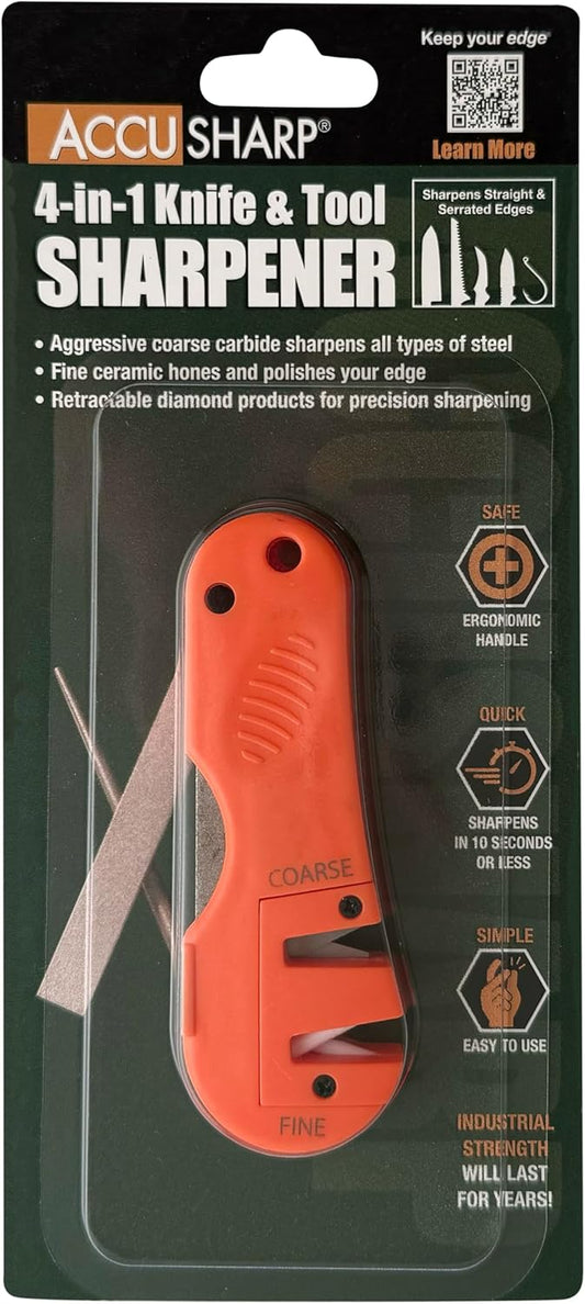 AccuSharp 4-in-1 Knife & Tool Sharpener, Coarse Tungsten Carbide Sharpening Blade & Ceramic Rod with Retractable Diamond-Tapered Rod for Knives, Fish Hooks & Tools, Orange