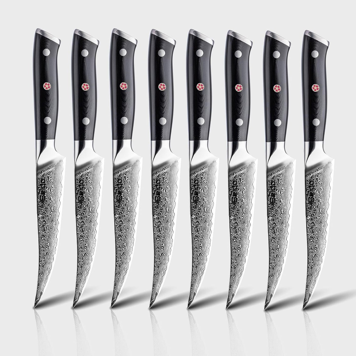 Seido Shujin 8-Piece Damascus Steak Knife Set, 5 Inch G10 Handles | Straight-edge 5 inch steak knives with Damascus steel and ergonomic G10 handles for clean table slicing.