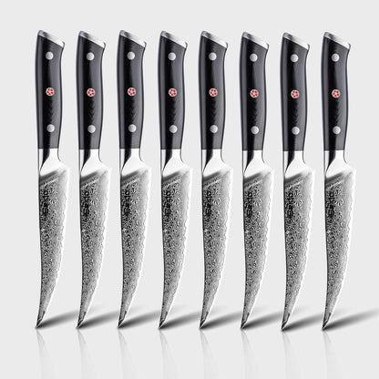 Seido Shujin 8-Piece Damascus Steak Knife Set, 5 Inch G10 Handles | Straight-edge 5 inch steak knives with Damascus steel and ergonomic G10 handles for clean table slicing.