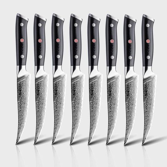 Seido Shujin 8-Piece Damascus Steak Knife Set, 5 Inch G10 Handles | Straight-edge 5 inch steak knives with Damascus steel and ergonomic G10 handles for clean table slicing.