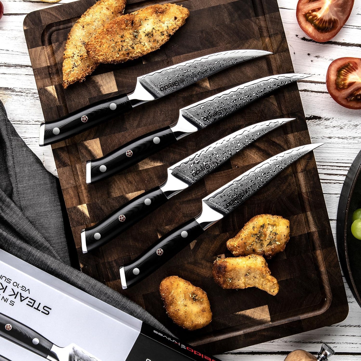 Seido Shujin 8-Piece Damascus Steak Knife Set, 5 Inch G10 Handles | Straight-edge 5 inch steak knives with Damascus steel and ergonomic G10 handles for clean table slicing.