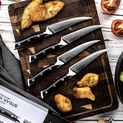 Seido Shujin 8-Piece Damascus Steak Knife Set, 5 Inch G10 Handles | Straight-edge 5 inch steak knives with Damascus steel and ergonomic G10 handles for clean table slicing.
