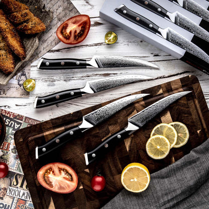 Seido Shujin 8-Piece Damascus Steak Knife Set, 5 Inch G10 Handles | Straight-edge 5 inch steak knives with Damascus steel and ergonomic G10 handles for clean table slicing.