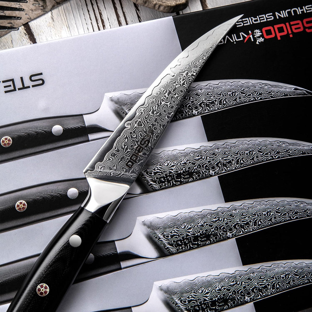 Seido Shujin 8-Piece Damascus Steak Knife Set, 5 Inch G10 Handles | Straight-edge 5 inch steak knives with Damascus steel and ergonomic G10 handles for clean table slicing.