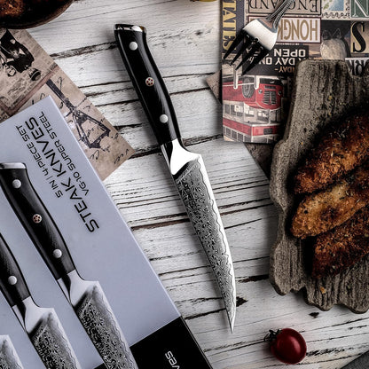 Seido Shujin 8-Piece Damascus Steak Knife Set, 5 Inch G10 Handles | Straight-edge 5 inch steak knives with Damascus steel and ergonomic G10 handles for clean table slicing.