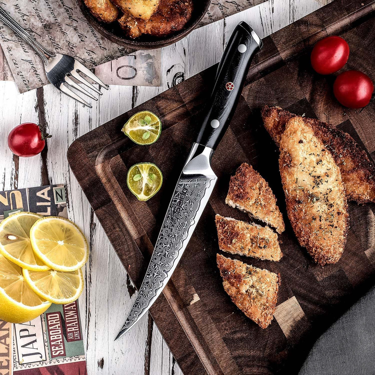 Seido Shujin 8-Piece Damascus Steak Knife Set, 5 Inch G10 Handles | Straight-edge 5 inch steak knives with Damascus steel and ergonomic G10 handles for clean table slicing.