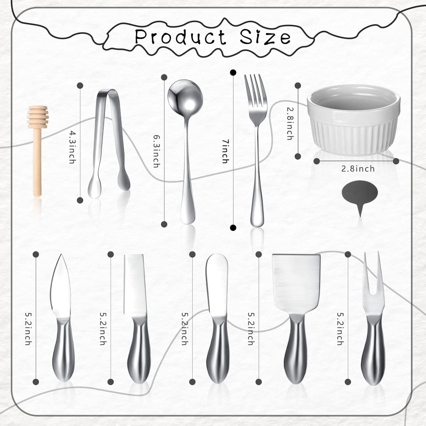 38 Pcs Summer Charcuterie Board Accessories Utensils Include Cheese Knife Set Bowls Cheese Markers Serving Tongs Spoons and Forks Honey Dipper for Butter Cheese and Pastry Making (Silver)