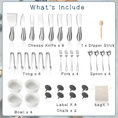 38 Pcs Summer Charcuterie Board Accessories Utensils Include Cheese Knife Set Bowls Cheese Markers Serving Tongs Spoons and Forks Honey Dipper for Butter Cheese and Pastry Making (Silver)
