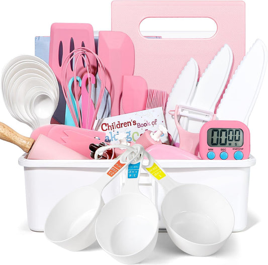 37PCS Kids Cooking Sets Real, Kids Cooking and Baking Gift Set with Storage Case Timer Kid Safe Knives Cutting Board, Toddler Real Kitchen Tools, Birthday Gifts for Girls Boys Age 3 - 8