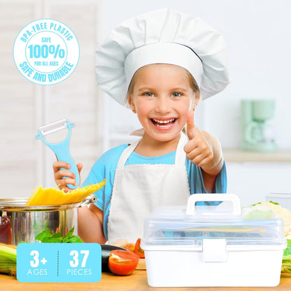 37PCS Kids Cooking Sets Real, Kids Cooking and Baking Gift Set with Storage Case Timer Kid Safe Knives Cutting Board, Toddler Real Kitchen Tools, Birthday Gifts for Girls Boys Age 3 - 8
