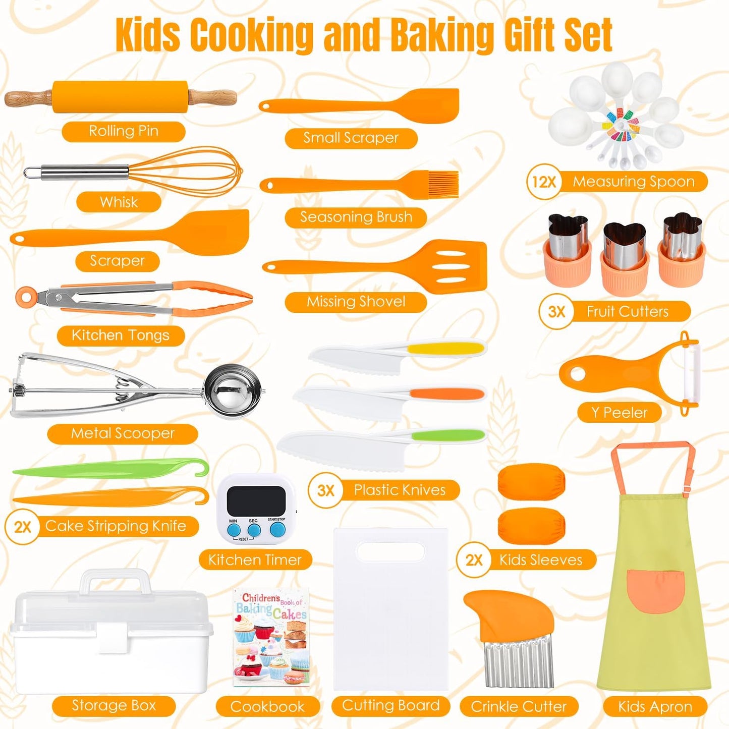 37PCS Kids Cooking Sets Real, Kids Cooking and Baking Gift Set with Storage Case Timer Kid Safe Knives Cutting Board, Toddler Real Kitchen Tools, Birthday Gifts for Girls Boys Age 3 - 8