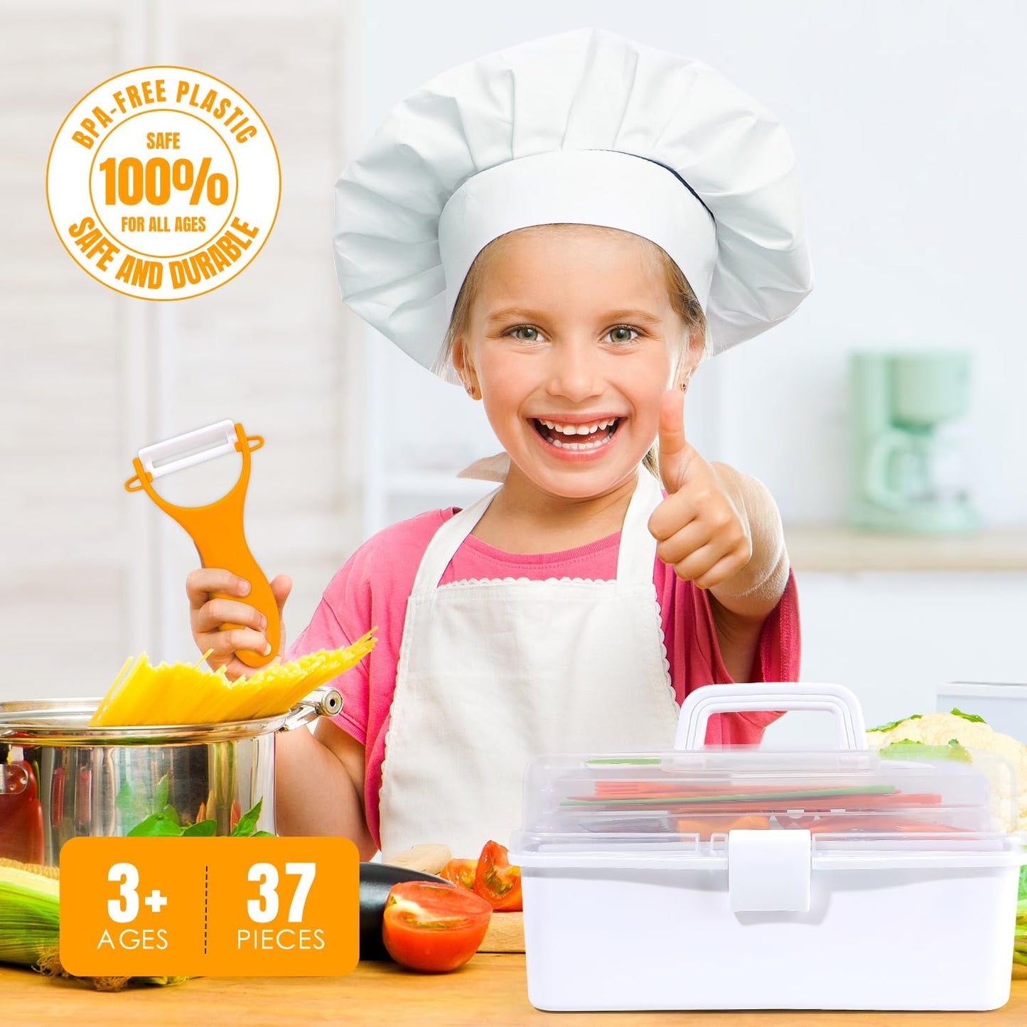 37PCS Kids Cooking Sets Real, Kids Cooking and Baking Gift Set with Storage Case Timer Kid Safe Knives Cutting Board, Toddler Real Kitchen Tools, Birthday Gifts for Girls Boys Age 3 - 8