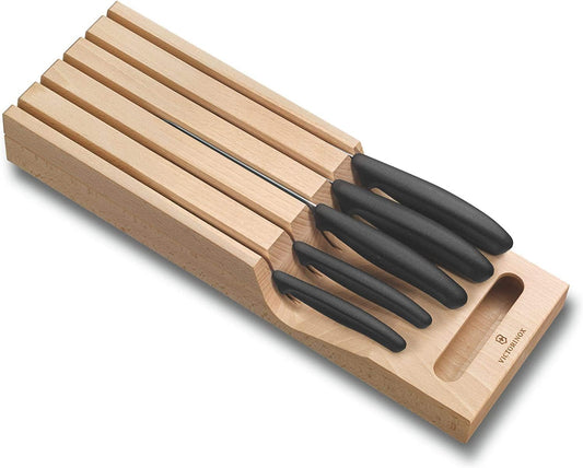 Swiss Classic In-Drawer Holder & Knife Set - Includes Organizer and Bread, Santoku, Carving, Paring, Tomato, & Table Knives - 6-Piece Set