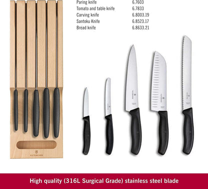 Swiss Classic In-Drawer Holder & Knife Set - Includes Organizer and Bread, Santoku, Carving, Paring, Tomato, & Table Knives - 6-Piece Set