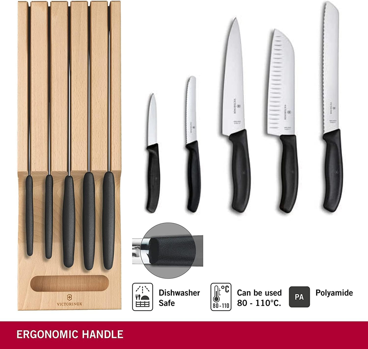 Swiss Classic In-Drawer Holder & Knife Set - Includes Organizer and Bread, Santoku, Carving, Paring, Tomato, & Table Knives - 6-Piece Set