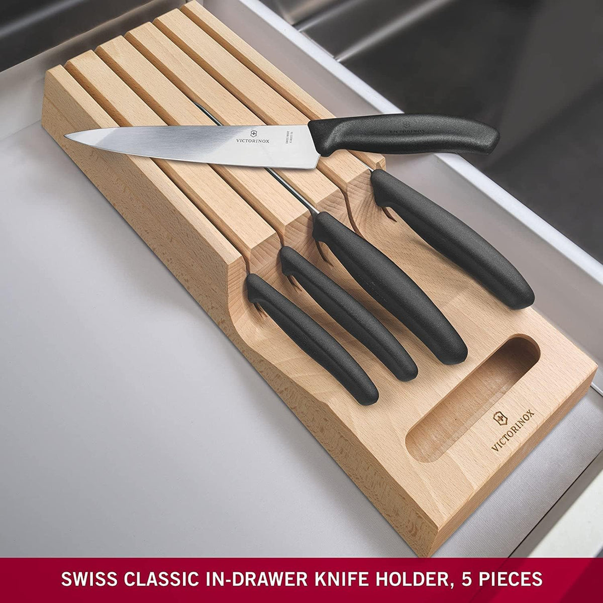 Swiss Classic In-Drawer Holder & Knife Set - Includes Organizer and Bread, Santoku, Carving, Paring, Tomato, & Table Knives - 6-Piece Set