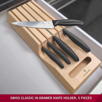 Swiss Classic In-Drawer Holder & Knife Set - Includes Organizer and Bread, Santoku, Carving, Paring, Tomato, & Table Knives - 6-Piece Set
